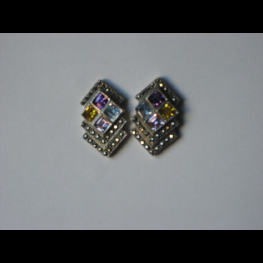 Vintage sterling earrings marcasites gemstones - Picture 5 of 5